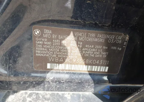 2008 BMW 328Xi z USA, uszkodzony, nr VIN WBAVC93558K043111